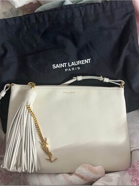 Authentic Saint Laurent Cream Leather Monogram Bag with Tassel and YSL Charm